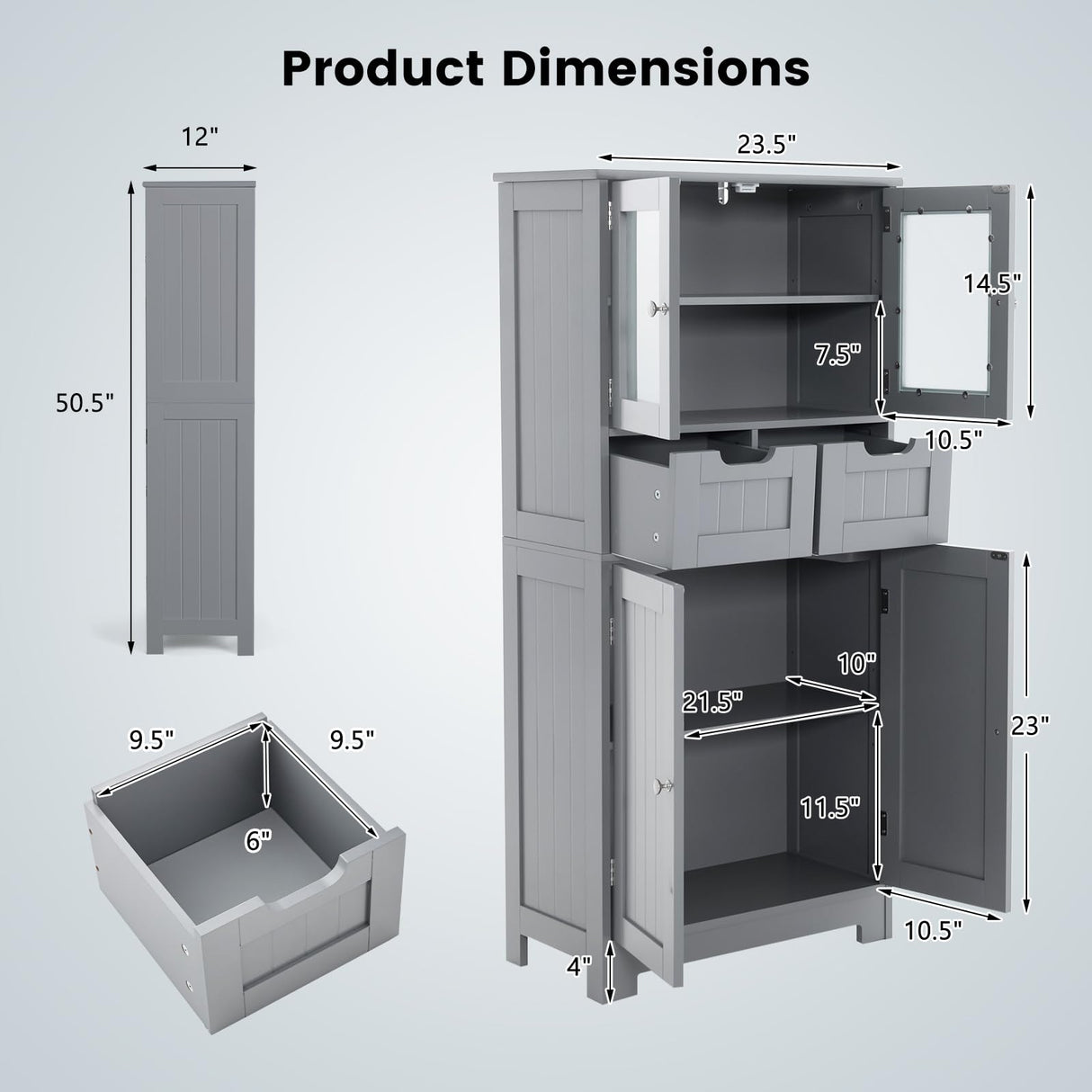 Bathroom Storage Cabinet, Freestanding Bathroom Organizer with Glass Doors, 2 Drawers