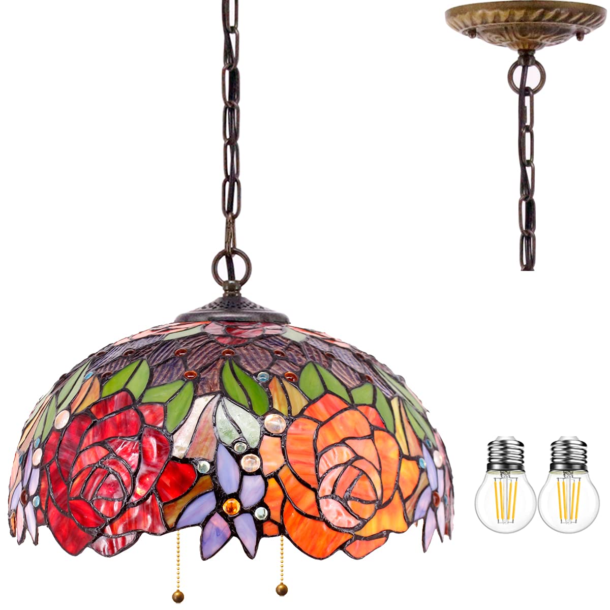 Tiffany Pendant Light - Red Yellow Rose Stained Glass Hanging Lamp 16 Inch