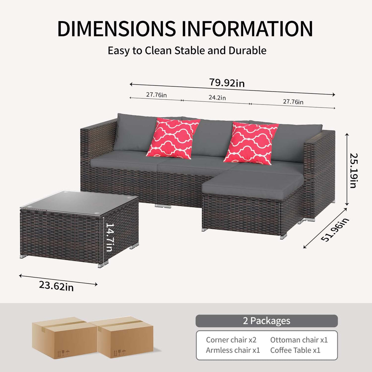 Aiho Outdoor Patio Furniture Sets All Weather Wicker Rattan Patio Conversation Set with Glass Table (Grey)