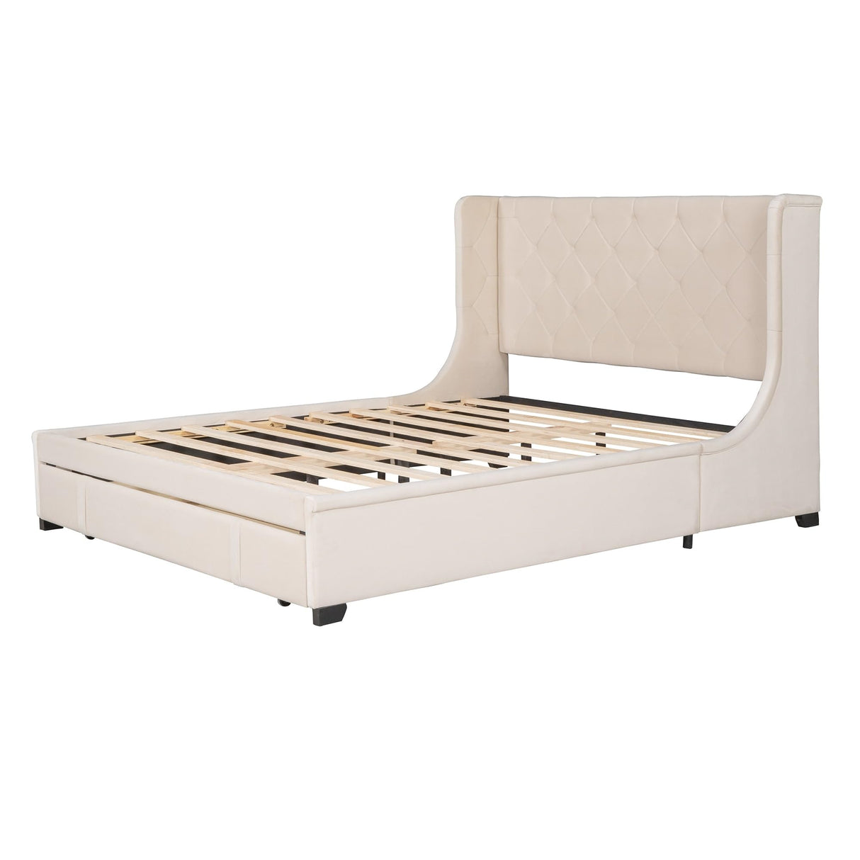 Queen Size and Velvet Upholstered Platform Bed Beige