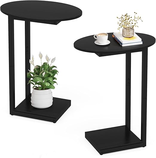 Small Side Table Set of 2 - C-Shaped Wood Sofa End Table with Metal Frame