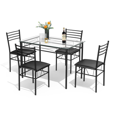 5 Pieces Dining Set 4 Person Home Kitchen Glass Top Table and Chairs Breakfast