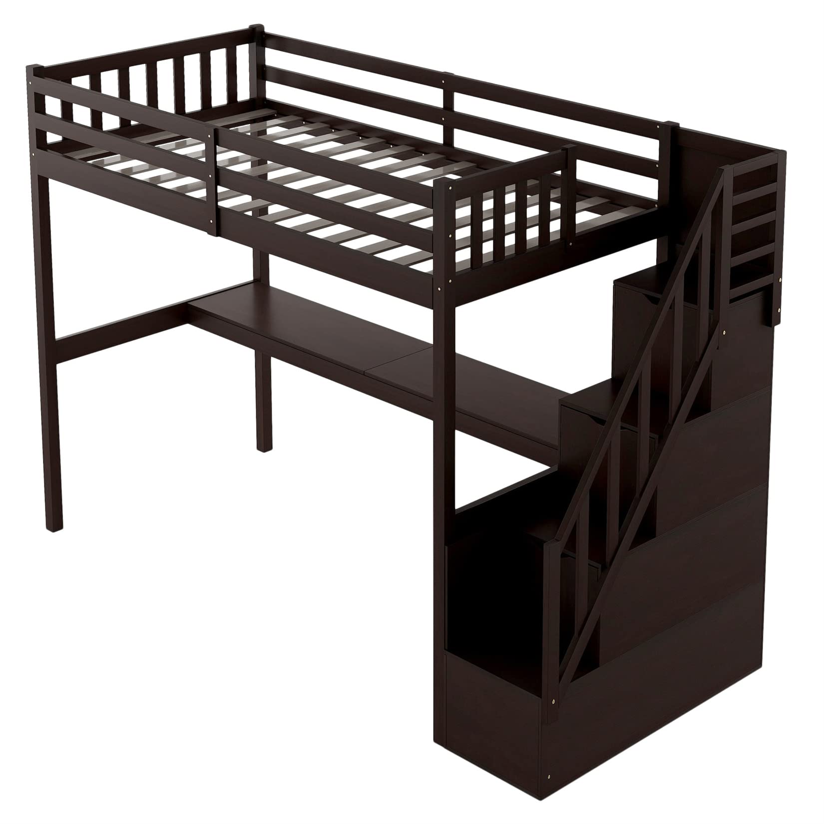 Twin Loft Bed with Desk and Storage Wood Loft Bed Frame with Staircase Storage Loft Bed for Kids Boys Girls Teens, Espresso