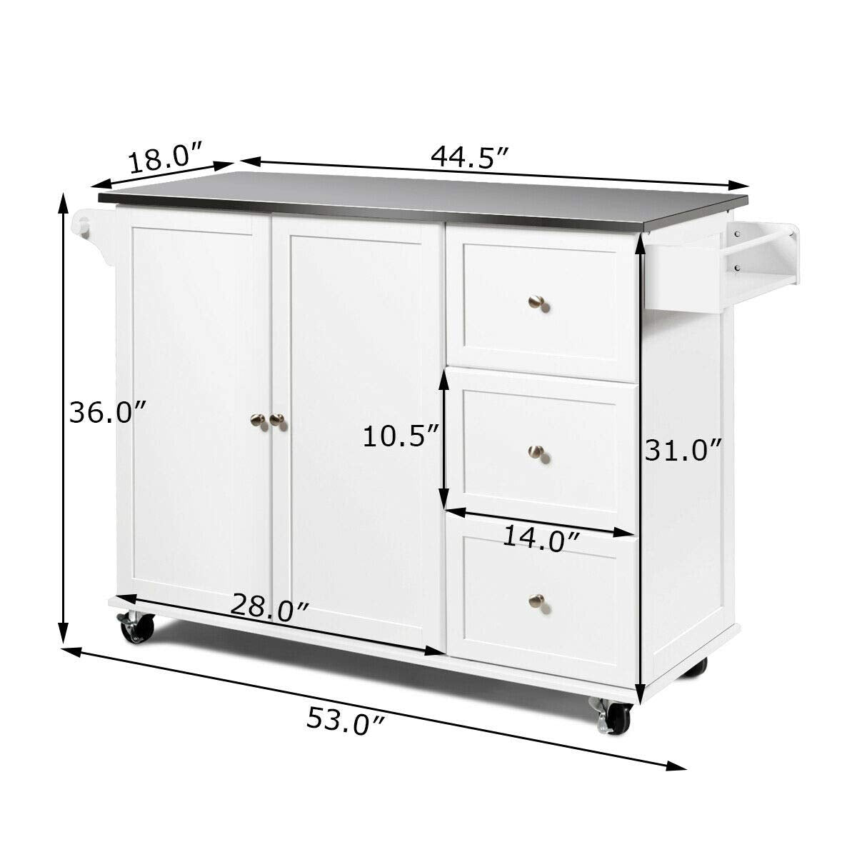 Kitchen Island with Stainless Steel Countertop, Kitchen Cart Rolling Trolley with Towel