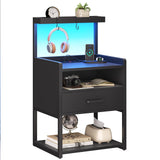 Night Stand Set 2 with Charging Station and LED Lights, Black Night Stand with Drawer