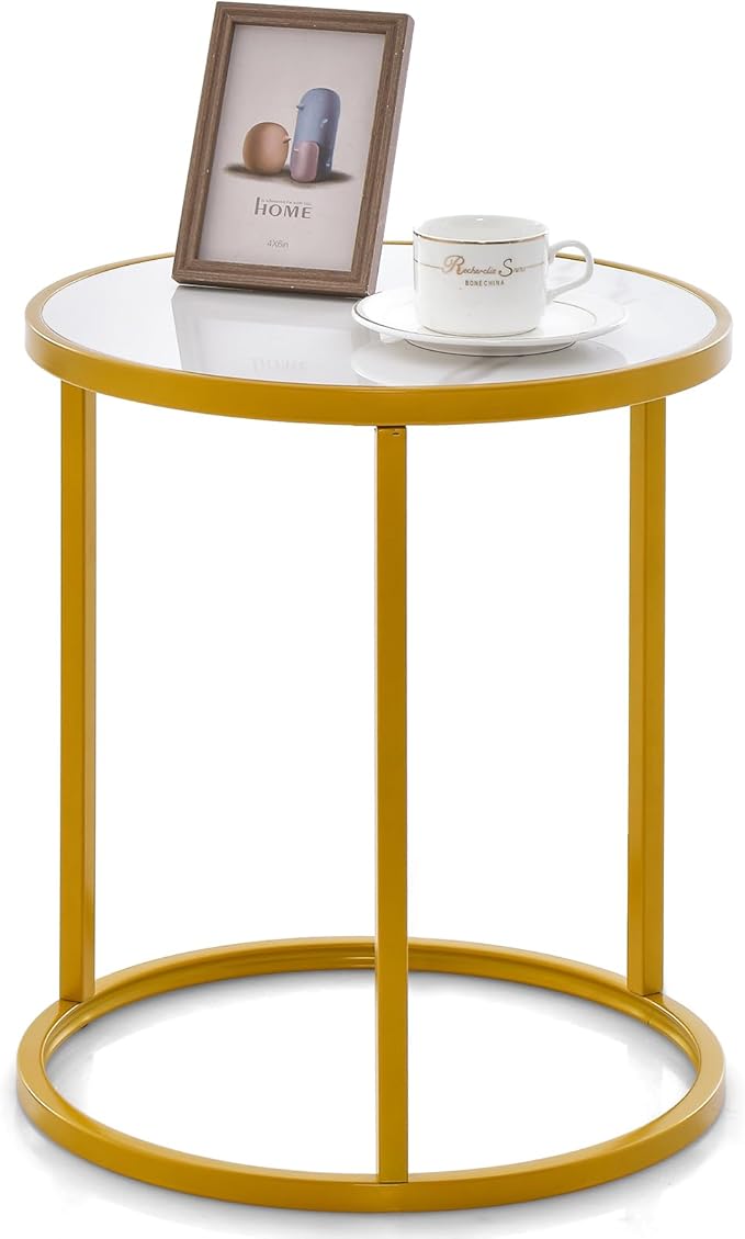 Gold Side Table, Round End Table with Sintered Stone Top and Metal Frame