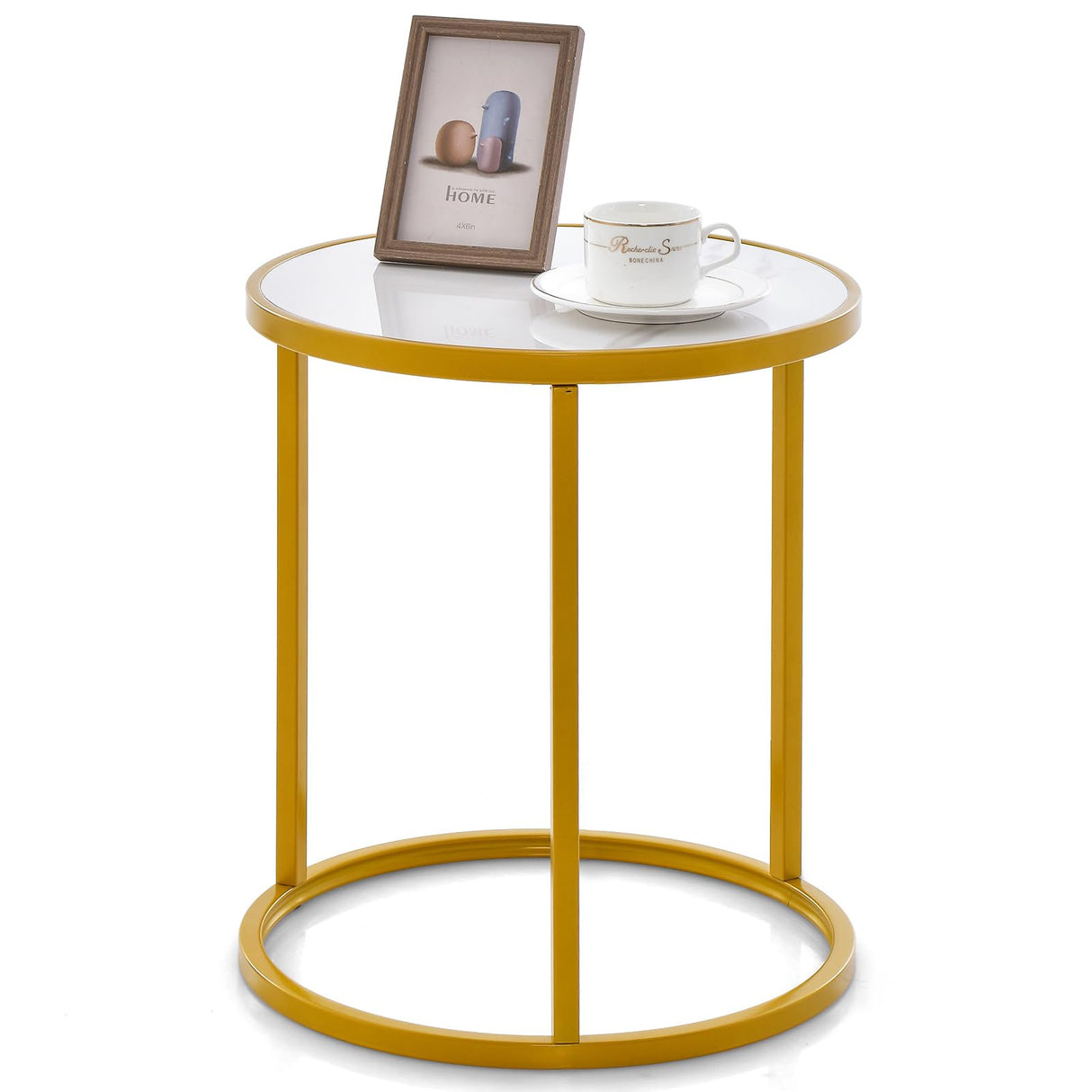 Gold Side Table, Round End Table with Sintered Stone Top and Metal Frame