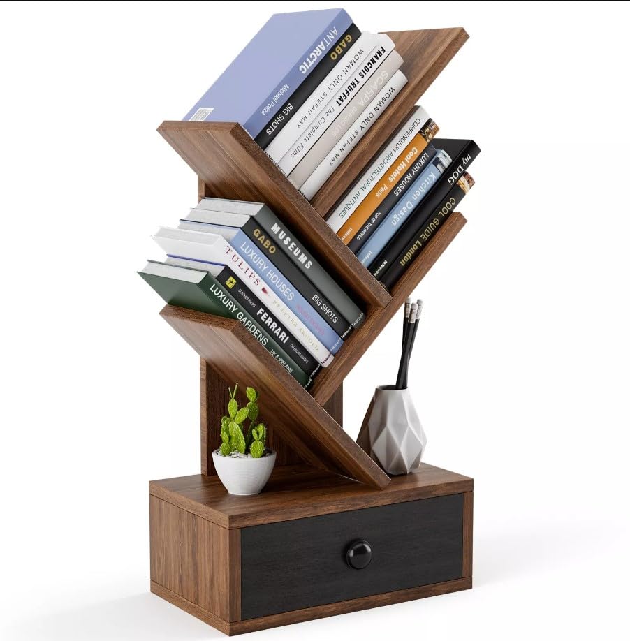 5-Tier Tree Bookshelf, 12L x 7W x 24H inches, Engineered Wood, Brown, 5 Shelves