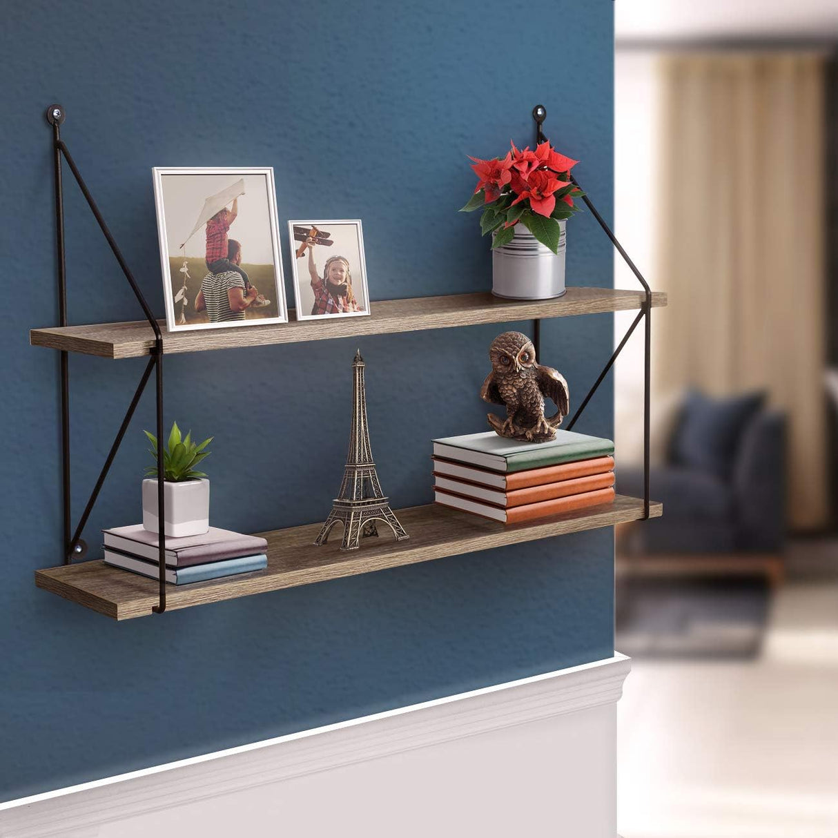 Floating Shelf with Metal Brackets — Wall Mounted Rustic Wood Wall Storage