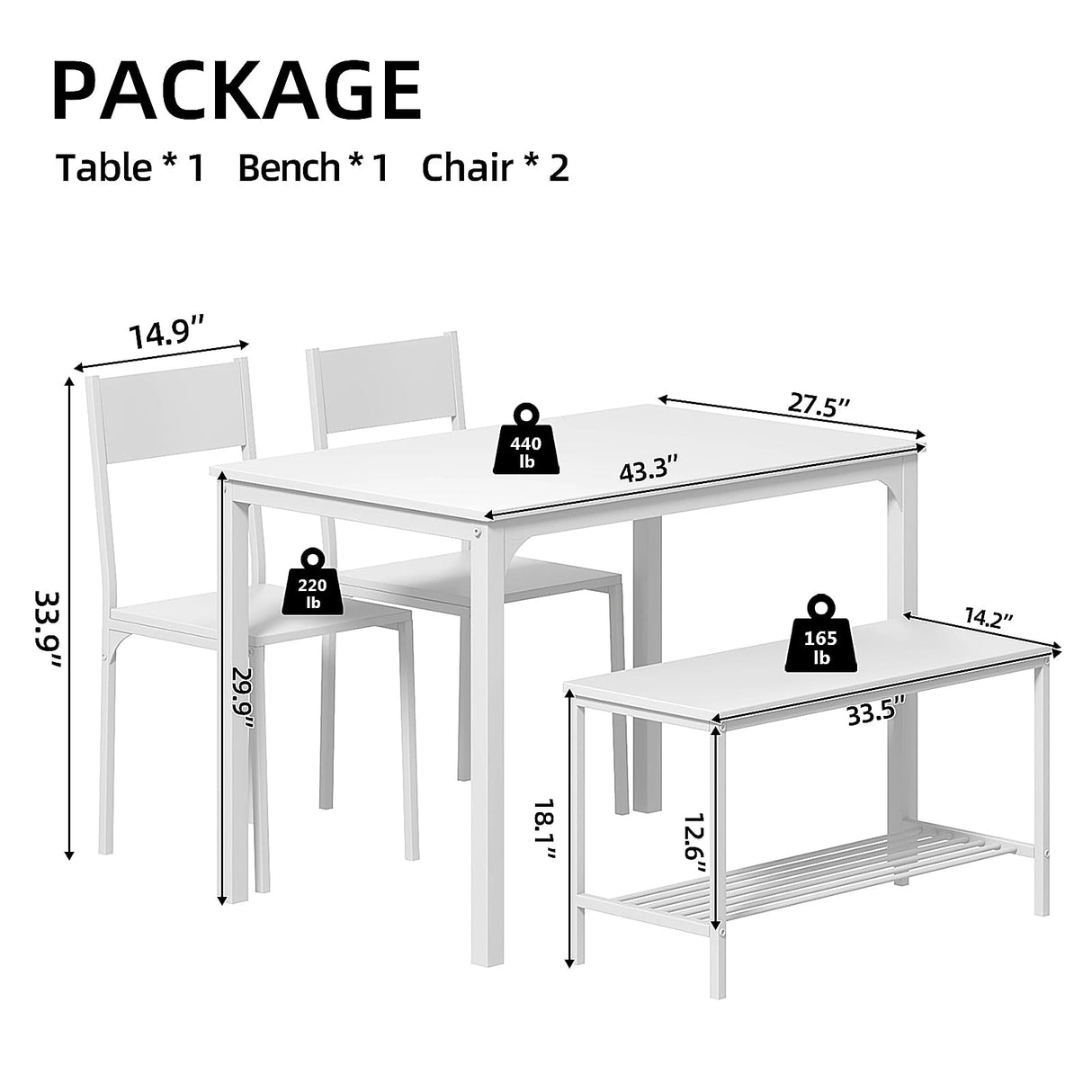 Dining Table Set for 4, 43" Dining Room Table with Bench and 2 Chairs