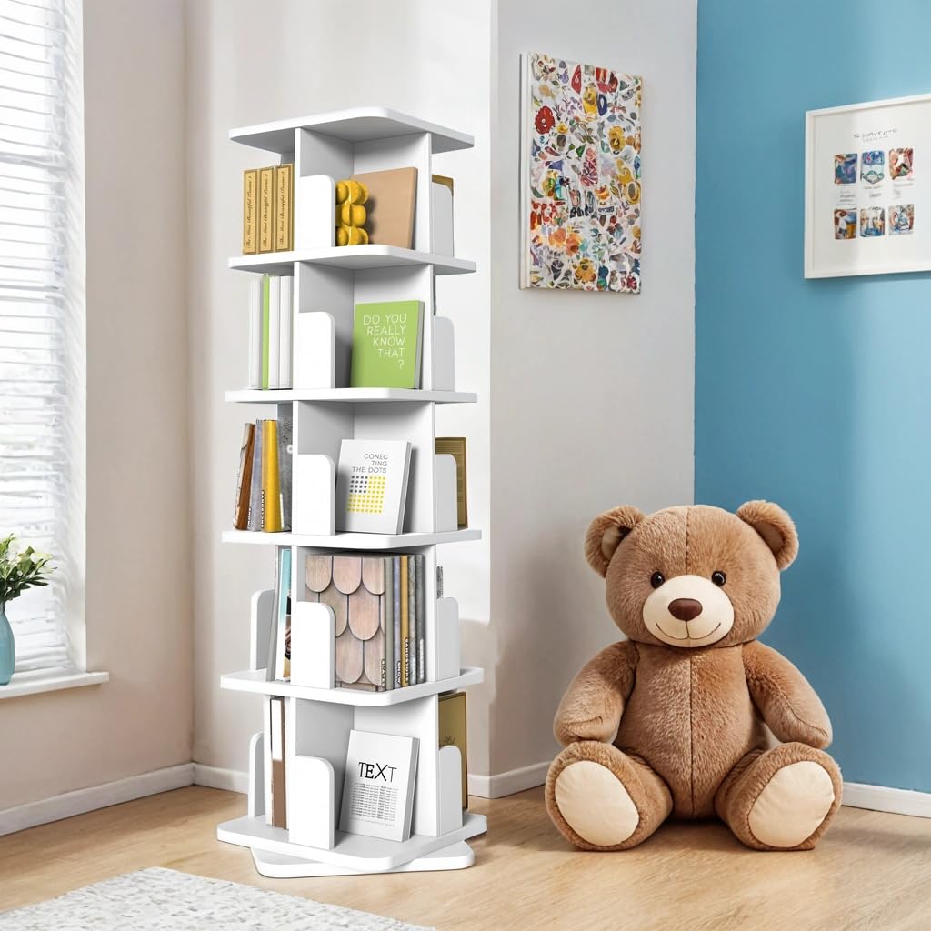 White Rotating Bookshelf, 360 Display 5 Tier Rotating Bookshelf Tower, Floor Standing