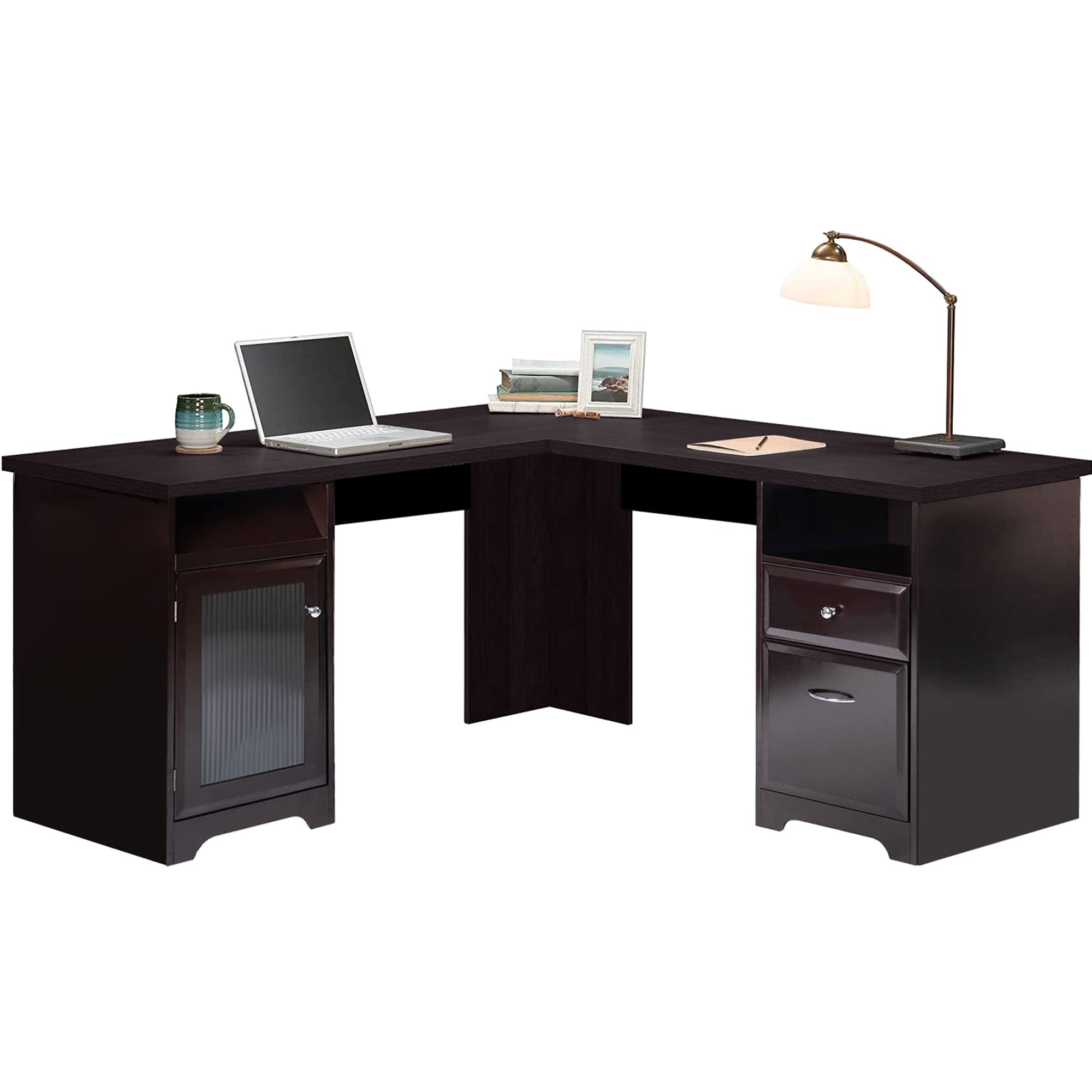 L-Shaped Desk, Home Office Corner Computer Desk with Storage Cabinet