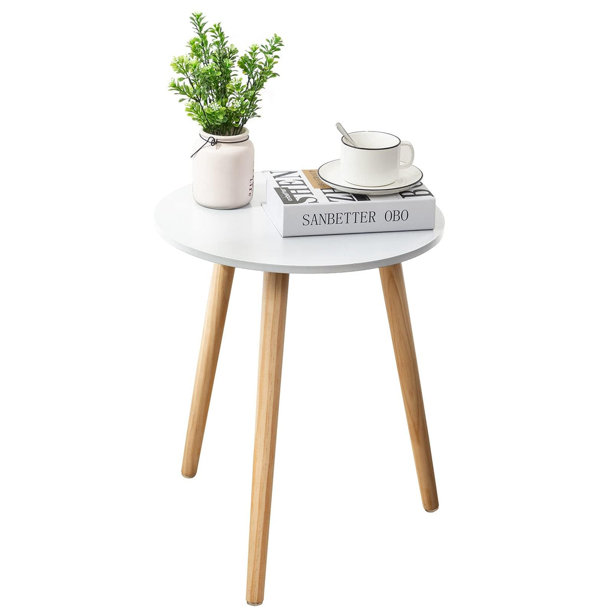 Round Side Table, White Nightstand Coffee End Table for Living Room, Bedroom