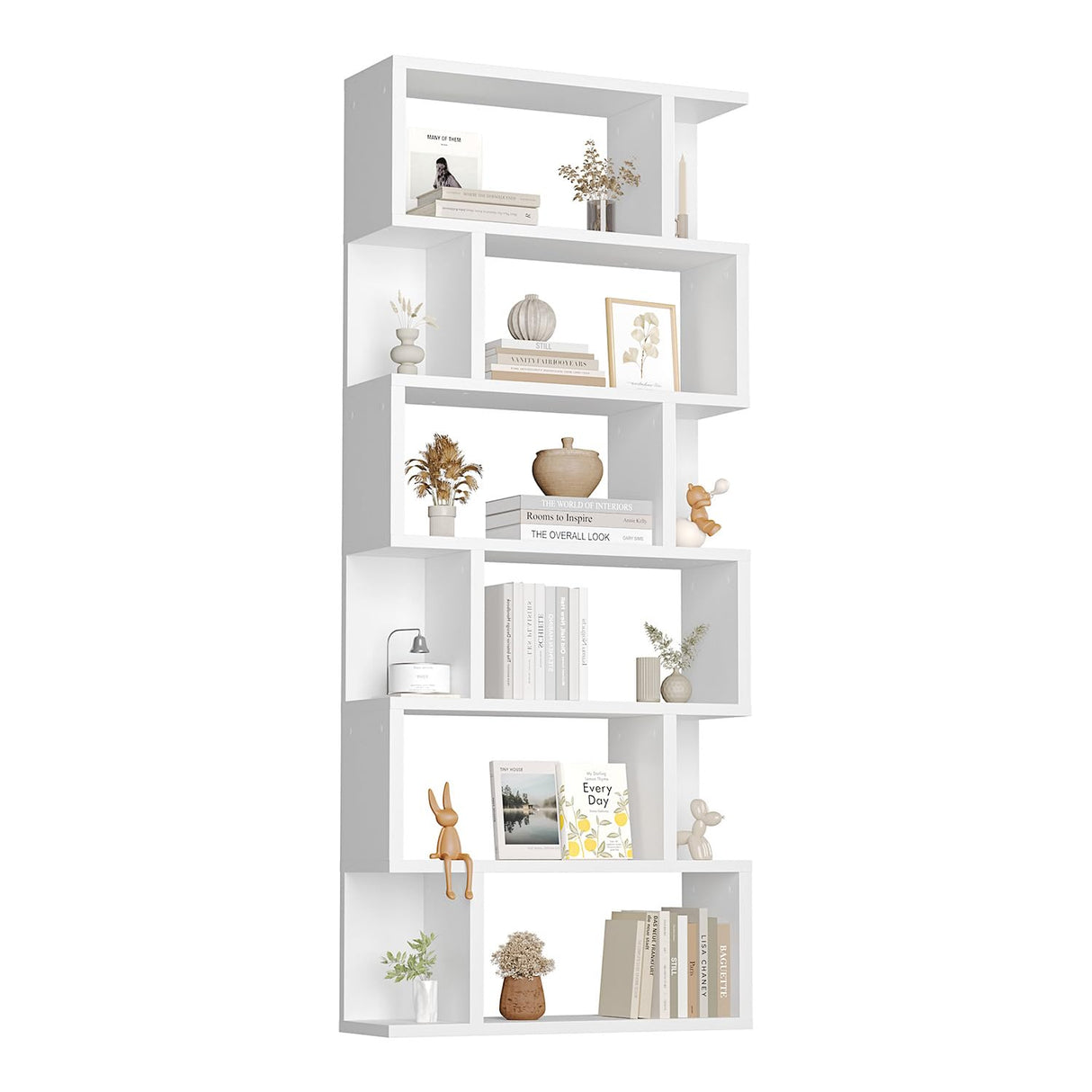 6-Tier Modern Bookshelf, S-Shaped Bookcase with Storage Space, Multifunctional Book Shelf Suitable for Living Room, Study Room, Bedroom (White, 6-Tier)