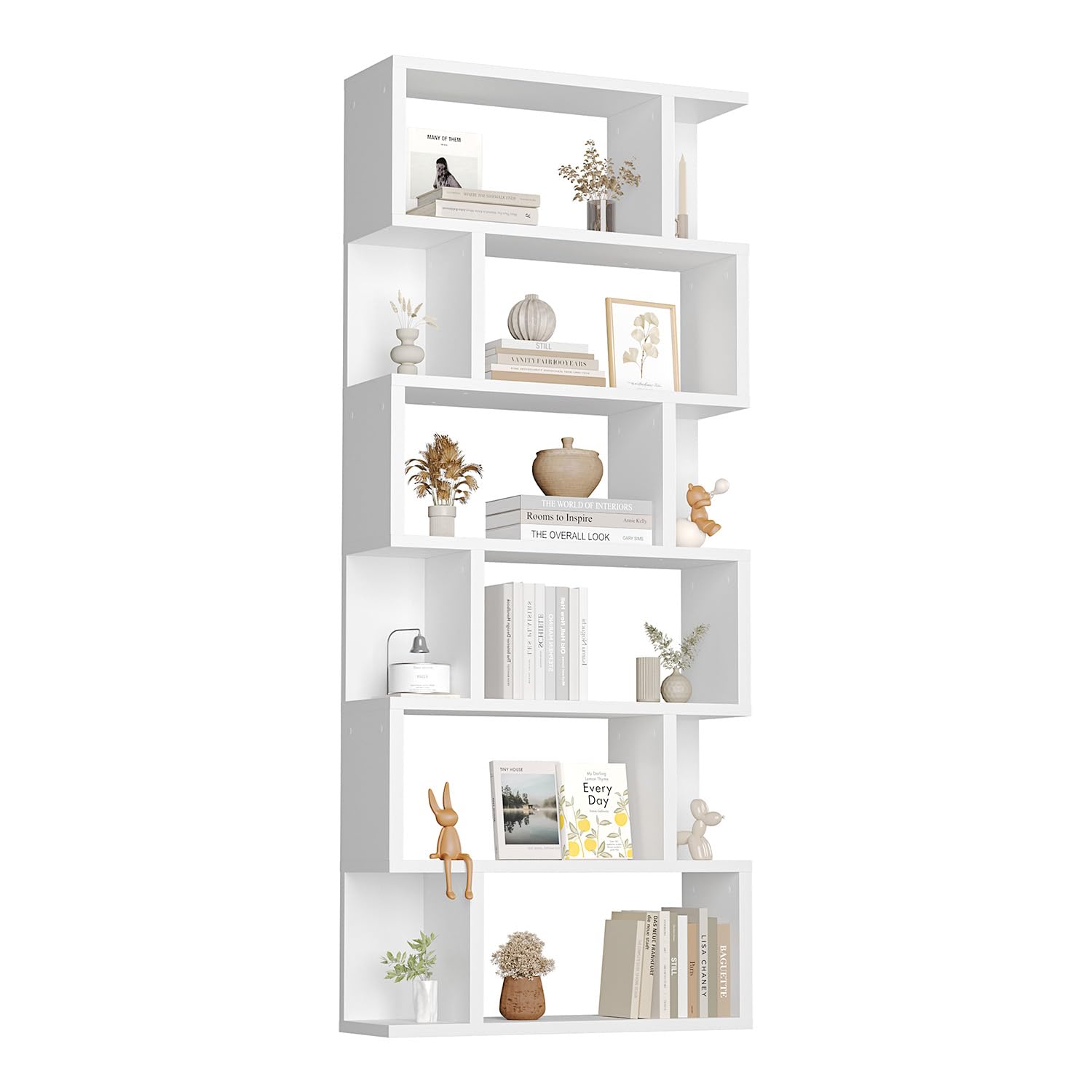 6-Tier Modern Bookshelf, S-Shaped Bookcase with Storage Space, Multifunctional Book Shelf Suitable for Living Room, Study Room, Bedroom (White, 6-Tier)