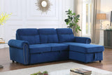 Ashton Blue Velvet Fabric Reversible Sleeper Sectional Sofa Chaise