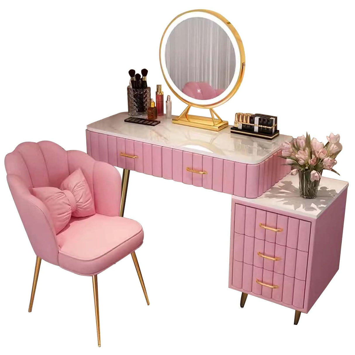 Makeup Vanity Desk with Round Mirror and Lights, White Vanity Makeup Table