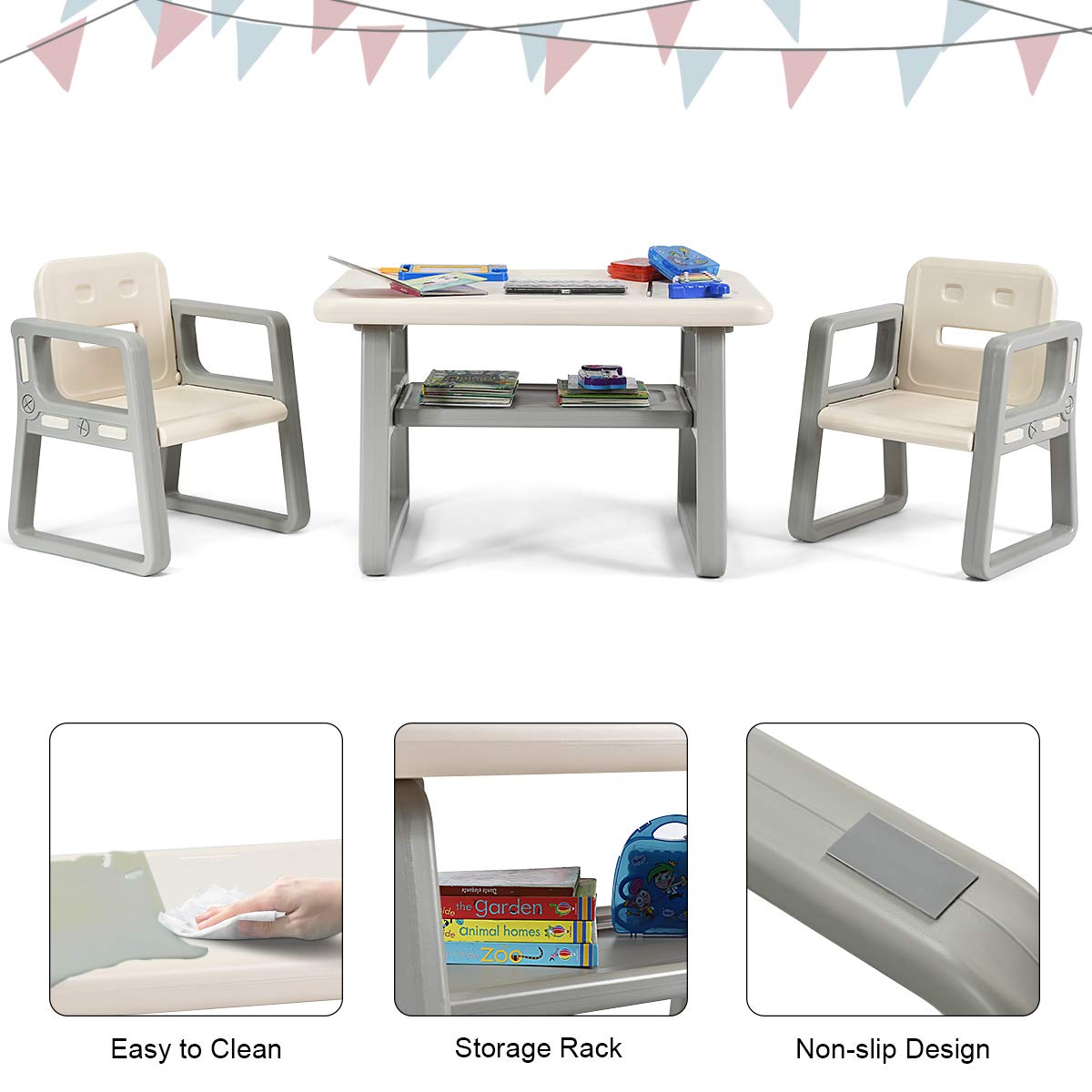 Kids Table and Chair Set, Children Activity Table & 2 Chairs w/Storage Rack