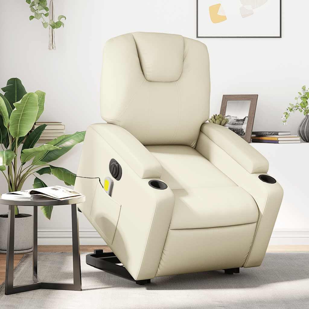 Electric Massage Recliner Chair - Cream Faux Leather Stand-up Armchair with Vibration Massage, Power Lift, Cup Holders for Living Room Comfort