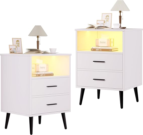 LED Night Stand with Charging Station, 3 Colors Dimmable Lights, Bedroom Modern