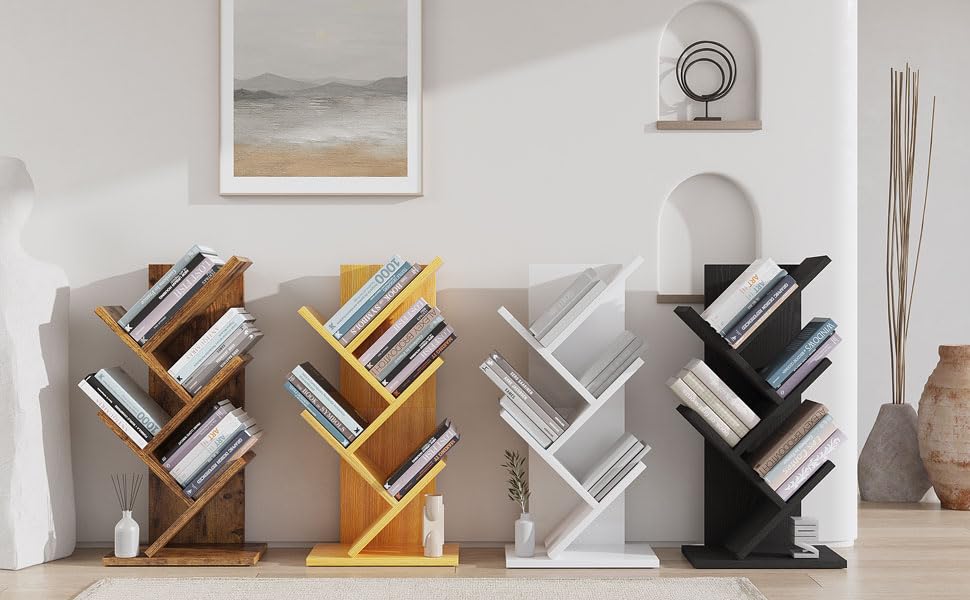 YMYNY 4 Tier Tree Bookshelf, Small Bookcase, Modern Wood Book Storage Rack, Freestanding Book Shelf for Books/Movies/CDs, Narrow Display Rack for Living Room, Home Office, White UHBC014W