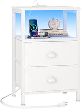 Nightstands Set of 2, End Tables Set of 2 with Charging Station and LED Lights, White