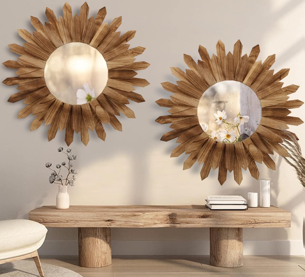 2 Pack 22 Inch Boho Wall Sunburst Mirror Rustic Round Wood Decorative Mirror Boho Wall