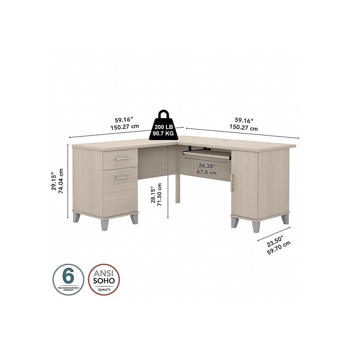 Somerset L-Shaped Desk with Storage Study Table with Drawers in Sand Oak