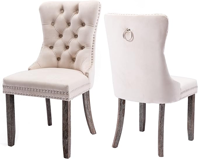 Tufted Dining Chairs Set of 4, Velvet Upholstered Dining Chairs with Nailhead Back and Ring Pull Trim