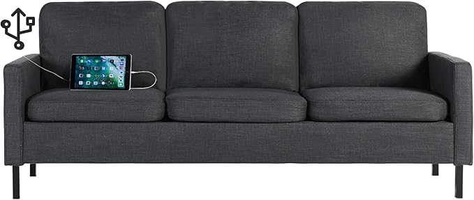 72" W Fabric 3 Seater Couch with 2 USB, Comfortable Sectional Couches and Sofas