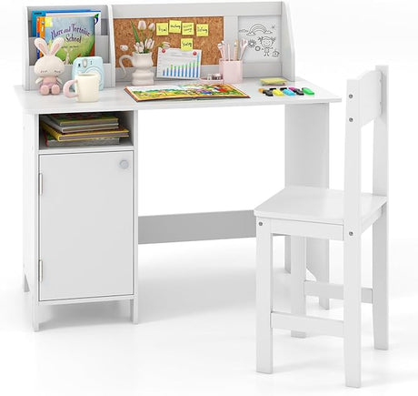 Kids Desk and Chair Set, Wooden Children Study Table with Storage, Hutch