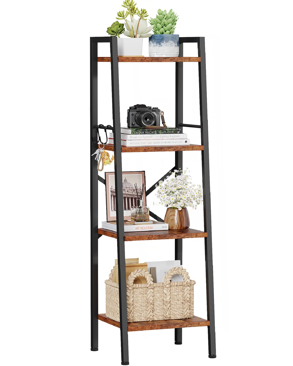 4 Tier Ladder Shelf,Narrow Bookshelf with 2 Hooks,Industrial Bookcase with Open Storage Shelves,Display Freestanding Shelf Units for Living Room,Bedroom,Kitchen,Bathroom,Rustic Brown