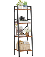 4 Tier Ladder Shelf,Narrow Bookshelf with 2 Hooks,Industrial Bookcase with Open Storage Shelves,Display Freestanding Shelf Units for Living Room,Bedroom,Kitchen,Bathroom,Rustic Brown