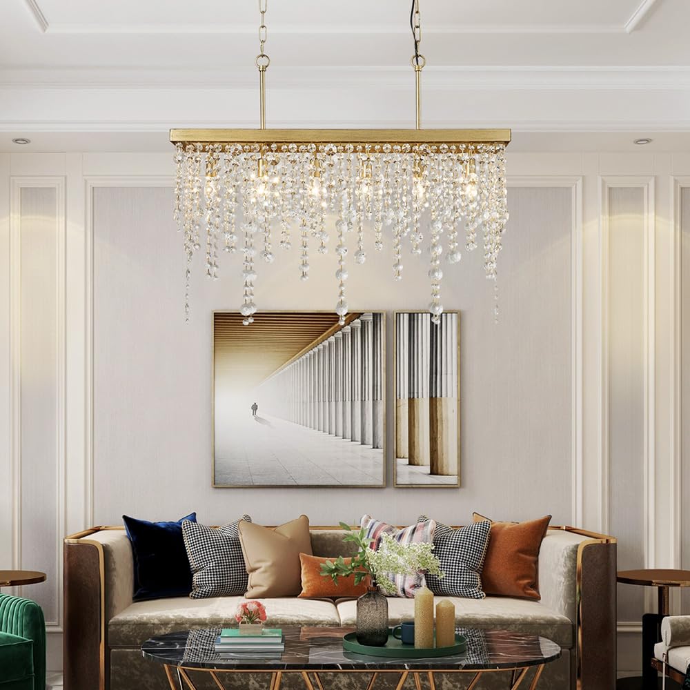 6-Lights Gold Chandeliers for Dining Room, Modern Crystal Pendant Light Fixture,