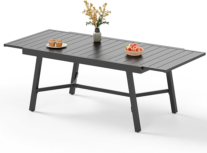 Outdoor Metal Expandable Dining Table, Wood-Like Wrought Iron Extendable
