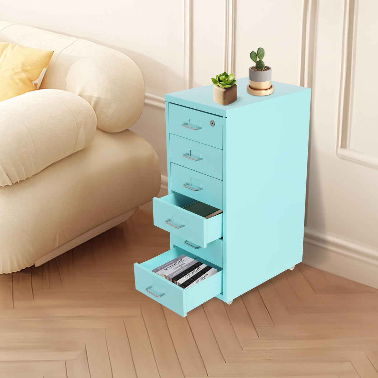 6 Drawers Vertical Metal Filing Cabinet, Mobile File Cabinet with Lock, Rolling File