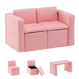 2-in-1 Double Set Sofa Convert to Table & 2 Chairs, Toddler Lounge with Leather Surface, Children Boys Girls Couch Armrest Chair with Storage Box (ZKL-111K-Pink)