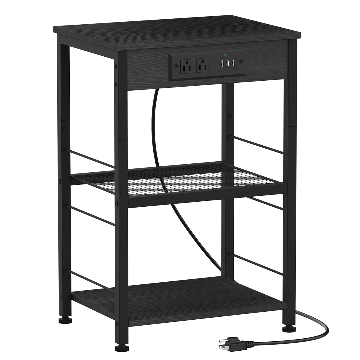 Nightstand Black with Charging Station, USB Ports, 3 Tier Side Table with Storage Shelf