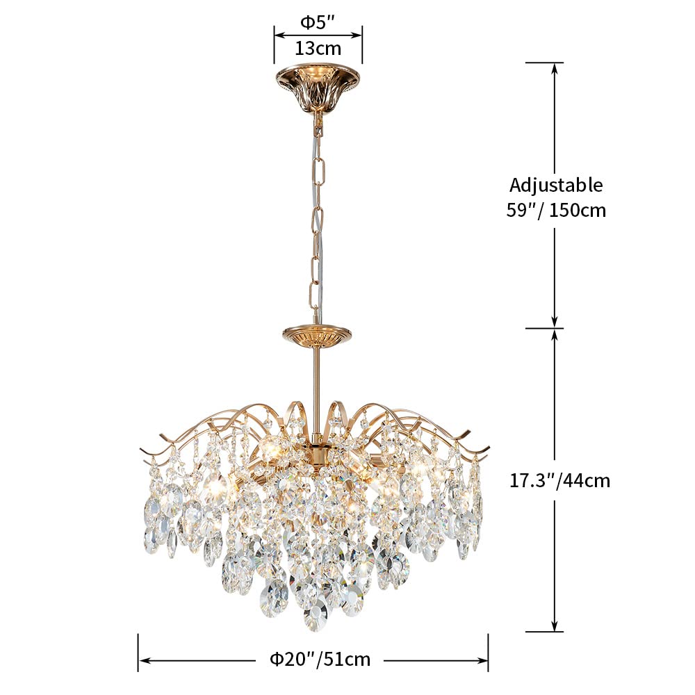 Saint Mossi 5-Light Gold Crystal Chandeliers, Middle Century Dining Room Light Fixture, Modern Pendant Light for Living Room, D20 x H17, Adjustable Chains 59", Chopper Finish Metal Frame