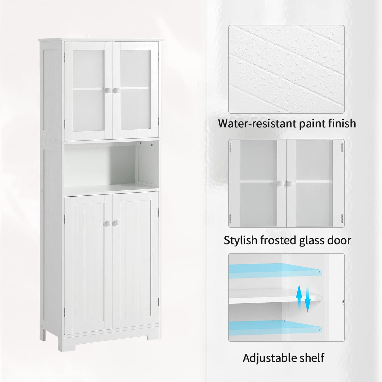 Tall Bathroom Storage Cabinet with with Glass Doors & Adjustable Shelves, Linen