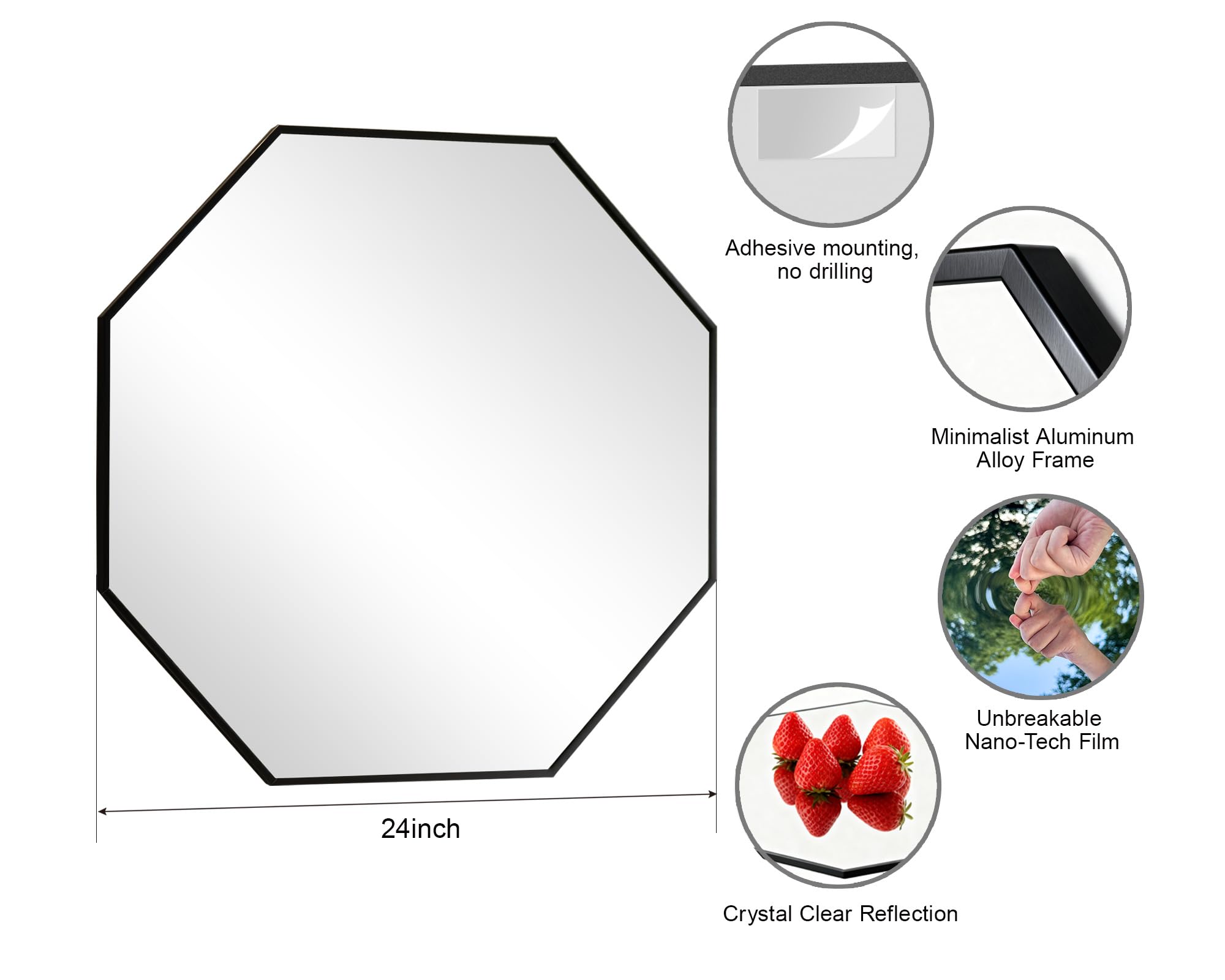 24 Inch Octagon Mirror Black Metal Frame Wall Mounted