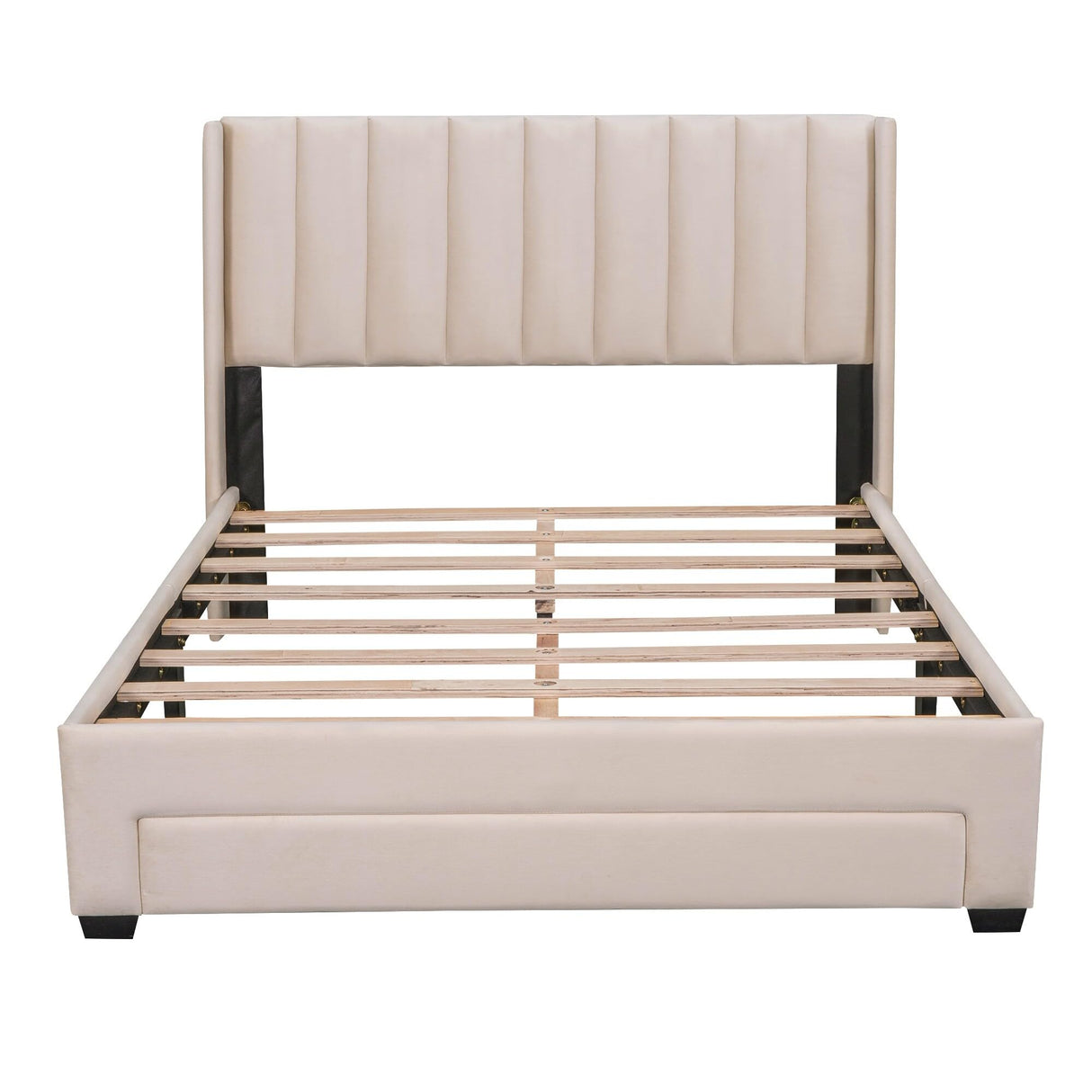 Velvet Platform Bed with Big Drawer Beige - Full