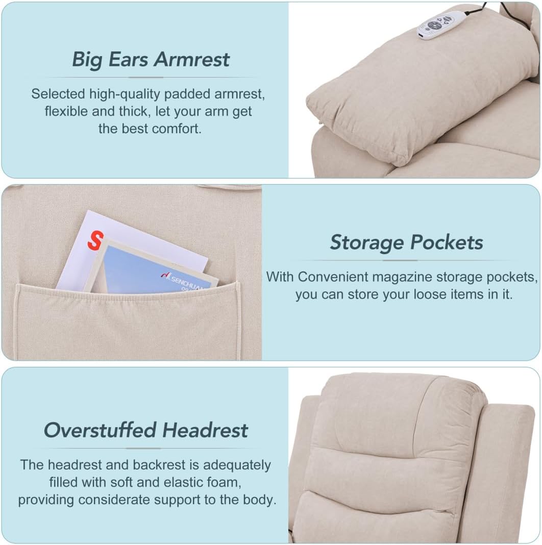 Power Lift Recliner Chair for Elderly Modern Linen Upholstered Electric Recliner Chair with Adjustable Massage and Heating Single Sofa Sofa with Infinite Position and Side Pocket for Living Room Beige