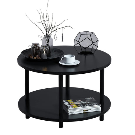 Small Round Coffee Table with Open Storage for Small Space, 23.5" Black 2-Tier Wooden