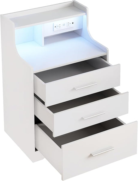 Nightstand with Charging Station & LED Lights, White Nightstand with 2 Drawers and Open Storage