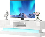 Modern TV Stand Glossy White - TV Console with Led Lights and Storage Drawers