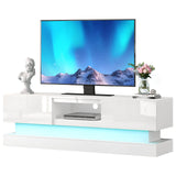 Modern TV Stand Glossy White - TV Console with Led Lights and Storage Drawers