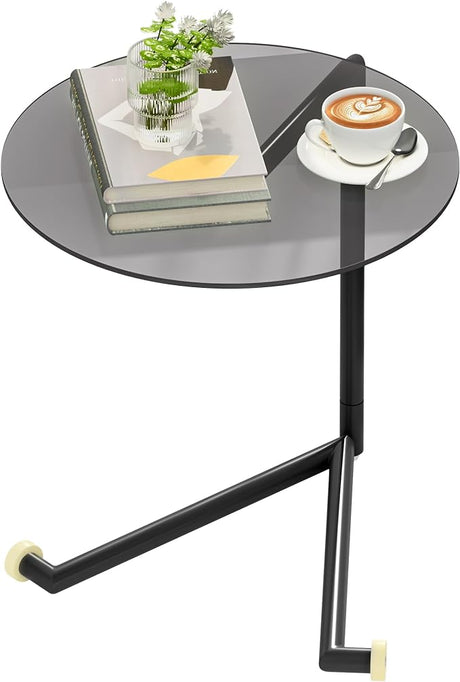 Gold End Table Modern, Round Side Table with Tempered Glass Top and Metal Stand