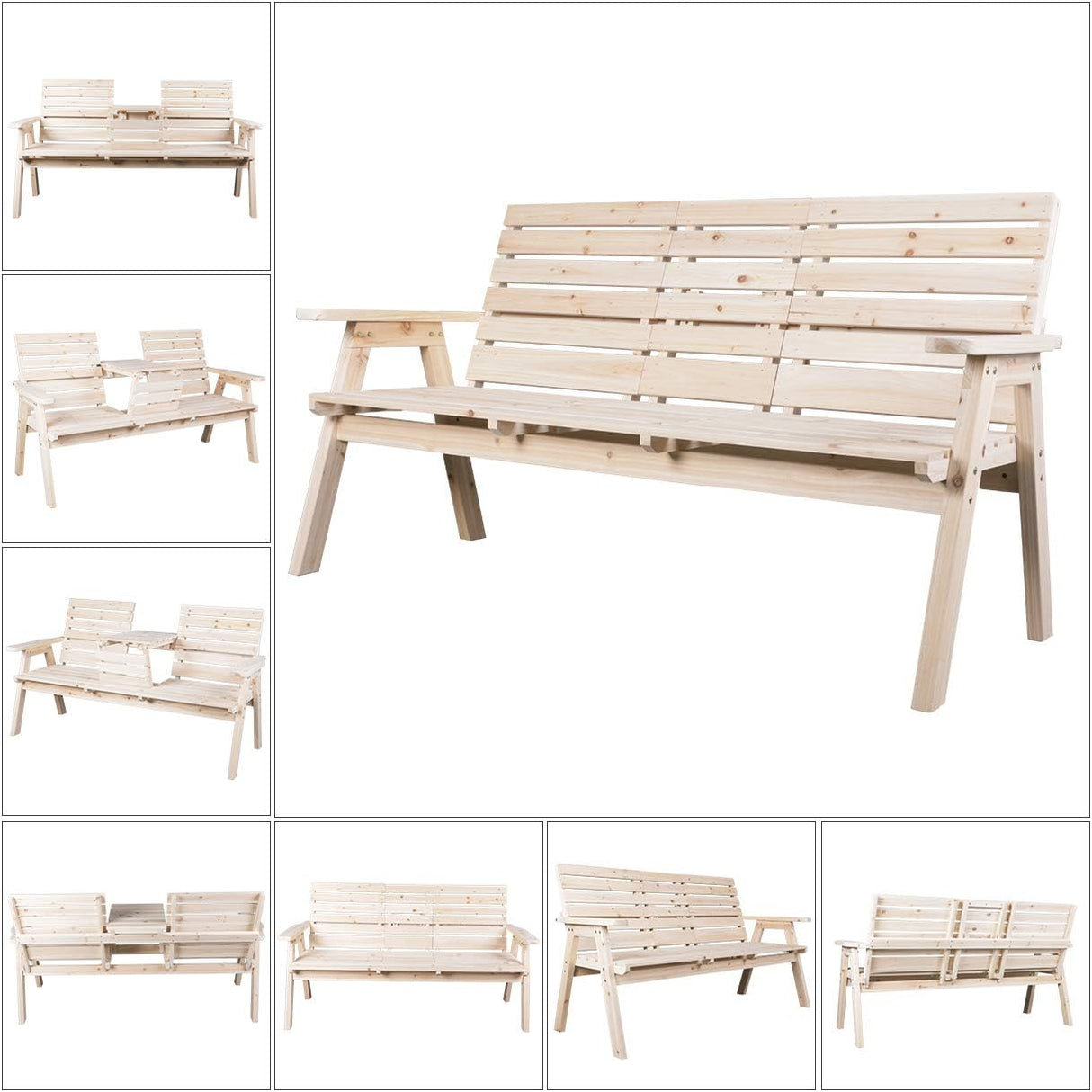 Cedar/Fir Log Wood Patio Garden Bench with Foldable Table, Outdoor Wooden