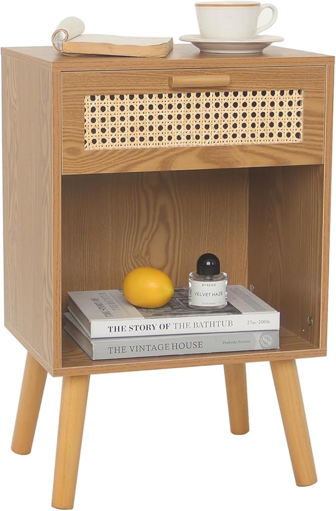 Modern Nightstand Rattan Side End Table with Storage, for Living Room, Bedroom and Small Spaces,